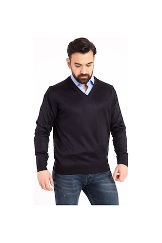 Nacar Store Erkek Lacivert İnce Yün Triko V Yaka Triko Kazak