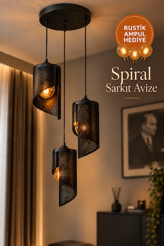3'lü Spiral Sarkıt Avize Modern Dekoratif Salon Yemek Masası 3 Rustik Led Ampul Hediyeli Siyah