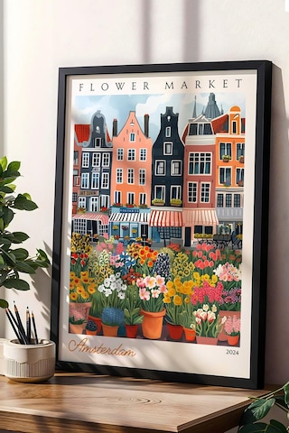 Amsterdam Hollanda Çerçeveli Tablo Seyahat Severlere Salon Ve Ofis İçin Estetik Duvar Dekoru Travel Flower Market