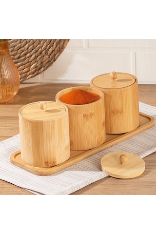 Porsima Pbt-604 Bambu Çok Amaçlı Standlı Saklama Kabı Organizer 4 Parça Baharat Seti Bambu