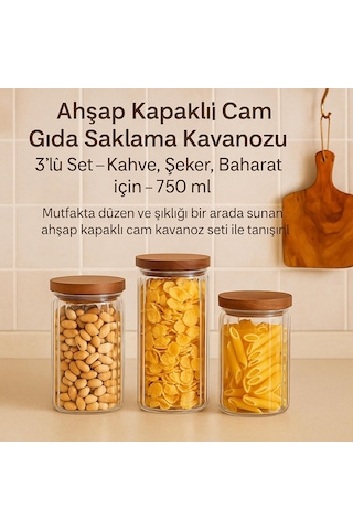 Ahşap Kapaklı Cam Gıda Saklama Kavanozu Vakum Kapaklı Büyük Boy Erzak Bakliyat Seti 3'lü Set 750 Ml Çok Renkli