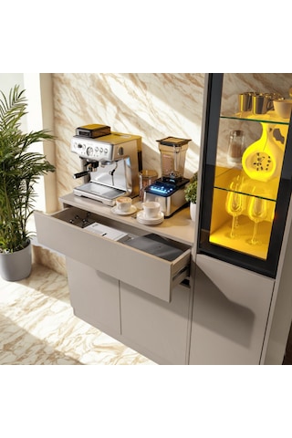Auren Mıdı Sağ Vitrinli Led Li Modüler Kahve Köşesi Kum Beji Mdf Kahve Dolabı, Modern Kahve Istasyonu, Geniş Depolama Alanlı Tasarım