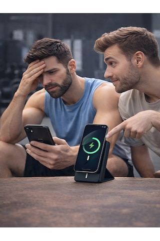 10000mah 20w Wireless Magsafe Kablosuz Powerbank Lüx Deri Standlı Taşınabilir Hızlı Şarj siyah