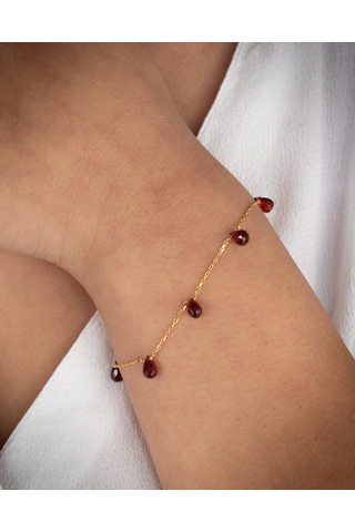 Doğan Diamond 925 Ayar Gümüş Altın Kaplama 3 Ct Garnet Minimal Taş Bileklik- Collezione Di Granati Boemi