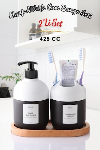 Nandy Home Lüks Ahşap Altlıklı Cam Cool Sabun ve Diş Fırçalık Banyo Seti 2'li Beyaz