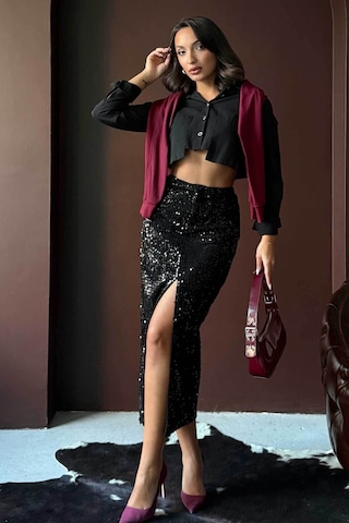 Verymoda Pullu Kadife Uzun Etek F2053 Siyah Siyah