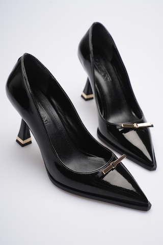 Esatsani Siyah Rugan Gold Toka Detaylı Sivri Burun 9 Cm Topuklu Rara Stiletto Kadın Ayakkabı Siyah Rugan