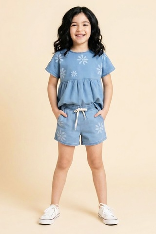 Modanino Kız Çocuk Şortlu Ve Bluzlu Jean Alt-üst Takım 3-10 Yaş 12656oz Mavi
