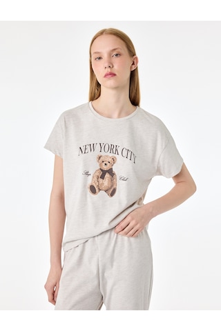Koton Kısa Kollu Bisiklet Yaka Ayıcık Baskılı Pijama Takımı Bej Melanj 7wlk40266mk