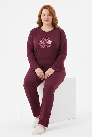 Sleeproom Büyük Beden Kadın Mevsimlik Great Things Desen Bordo Pijama Takımı