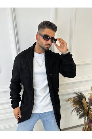 Elku Moda Hırka Örgülü Şal Yaka Cepli Lazer Kesim Yırtık Detaylı Tüylenmez Örgü Triko Hırka Siyah