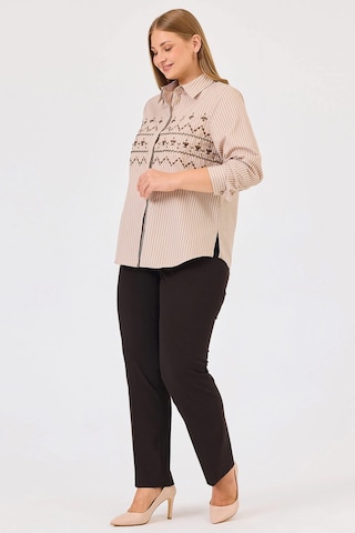 Galaxi Kadın Büyük Beden Çizgili Boncuk Detaylı Gömlek 4008 Vizon Vizon