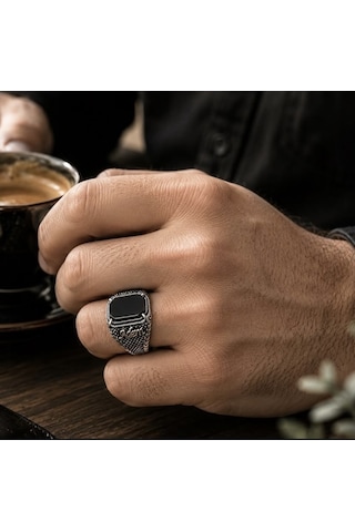 Simurg Jewellery 925 Ayar Gümüş İsimli Oniks Taşlı Erkek Yüzük