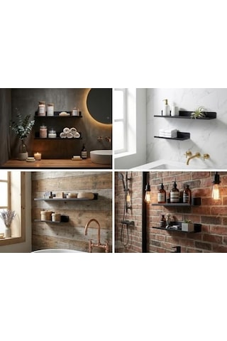 2&apos Li Yapışkanlı Siyah Metal Banyo Rafı Seti Suya Dayanıklı Paslanmaz Çelik Duş Organizeri Delmeden Duvara Monte Şampuanlık Sabunluk Raf Modern Mat Siyah Duş Rafı Takımı 2 Li Raf 000 Açık Krem