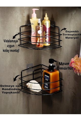Ömür Boyu Paslanmaz Yapışkanlı Banyo Köşeliği Düzenleyici Şampuanlık Duş Rafı 2 Adet Siyah TK-01