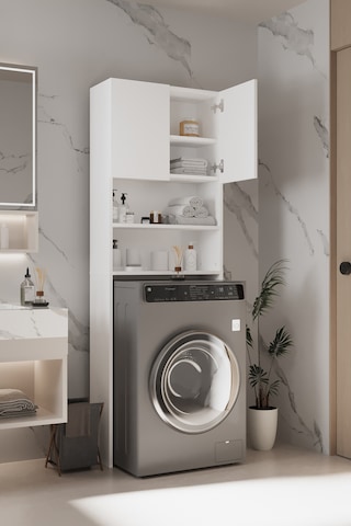 Plato Çamaşır Makinesi Dolabı 4 Raflı 2 Kapaklı Çamaşır Makinesi Dolabı Banyo Dolabı Beyaz