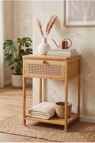 Robin Home Bambu 2'li Hazeran Rattan Çekmeceli Raflı Komodin Seti Bej