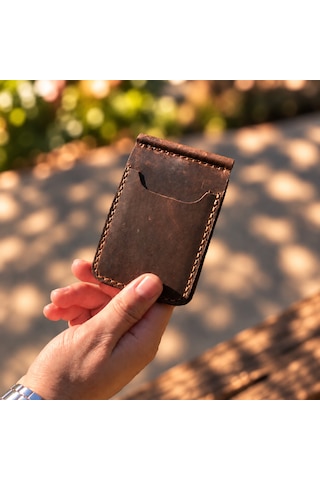 Hemlabel El Yapımı Hakiki Deri Para Klipsli Kartlık Cüzdan Minimal Erkek Cüzdanı Kişiselleştirilebilir Kahverengi - Taba