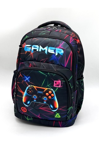 Erkek Çocuk İlk Okul Çantası 3'lü Set İlkokul Çantası Siyah Karakter Desenli Gamer Çok Renkli