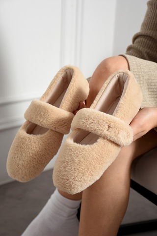Nmoda Ultra Yumuşak Peluş Kadın Ev Babeti Ses Yapmaz Hafif Taban Panduf Vizon