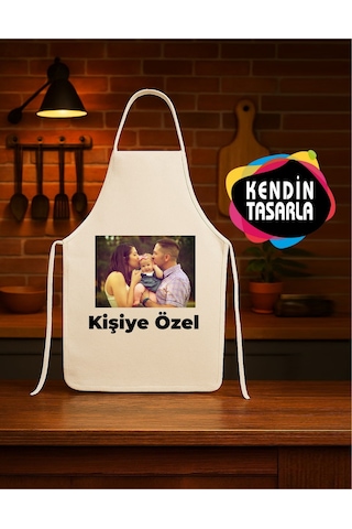 Kişiye Özel Fotoğraflı , Logo, Yazılı Mutfak Önlüğü Krem