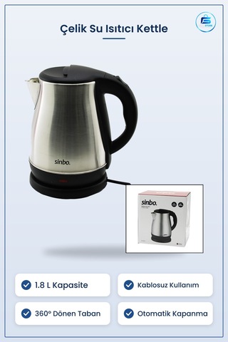 Su Isıtıcı Kettle Çelik Kablosuz 1.8 L Taban Otomatik Kapanma M