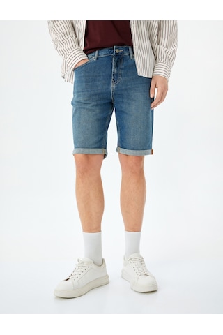 Koton Katlamalı Paça Bermuda Slim Fit Jean Şort Orta İndigo 5sam40009ıd İndigo
