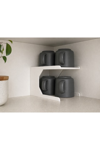 Mutfak Dolap İçi Kupa Organizer Rafı 2 Katlı Bardak Düzenleyici Stand 12x21x13 Cm beyaz