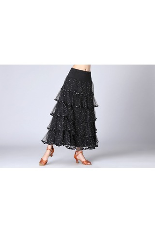 Sones Pullu Salıncak Modern Dans Uzun Etek Yarışma Kostümü Siyah