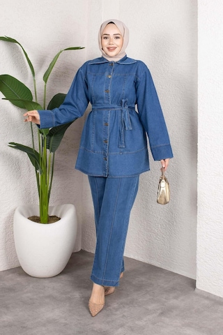 Misskayle Kuşaklı Düğmeli Denim Takım Rahat Kesim İkili Kombin Açık Mavi Açık