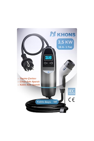 Khons Tek Faz 16A 3.6 KW Taşınabilir Elektrikli Araç Şarj İstasyonu