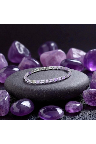 Moncuk Design Ametist Taşı & Silver Hematit Taşlı Ayarlanabilir Çelik Zincir Erkek Bileklik 33512b10 Çok Renkli