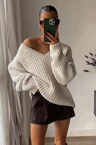 Madmext Ekru Oversize V Yaka Triko Kazak Mg1440