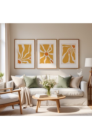 3 Lü Soyut Çerçevesiz Poster Seti Hardal Sarısı Turuncu Modern Minimalist Duvar Dekoru Ev Dekorasyonu