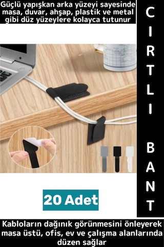 Montanjsız Masa Üstü Ev Ofis Kablo Karışıklık Düzenleyici Şık Kendinden Yapışkanlı Cırt Bant 20 Adet
