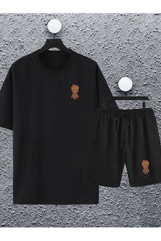 Adrift Unisex Marvel Groot Baskılı Oversize Tshirt Ve Şort Eşofman Takımı Siyah