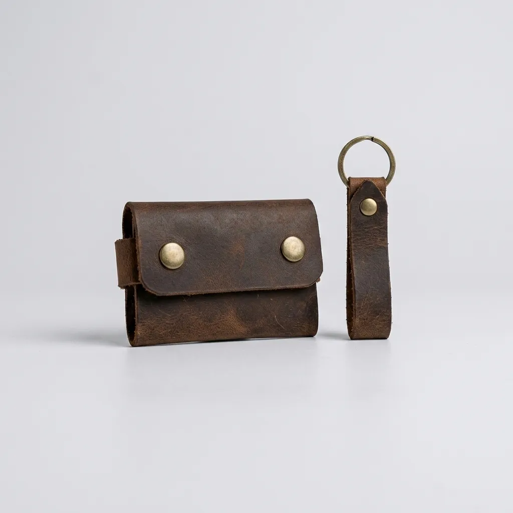 Natderi %100 Hakiki Deri El Yapımı Mini Kartlık Ve Anahtarlık Seti - Minimalist Unisex Cüzdan 6x9 Cm Taba