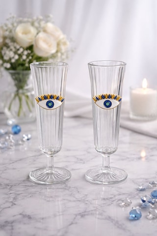 6 Lı Kristal Cam Nazar Göz Kahve Yanı Bardağı Su Bardak 150ml Şeffaf