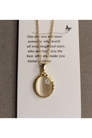 Beren Aksesuar Stainless Steel Oval Taşlı Çelik Kolye Gold