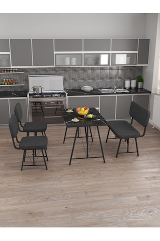 Hayat 70x110 Bendir Mutfak Masası, Mutfak Masası Takımı, Yemek Masası, 2 Sandalye 1 Bench - Antrasit Antrasit