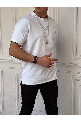 Modefendi Pamuk Likra Yırtmaç Detaylı 2 İplik Oversize Tshirt Beyaz