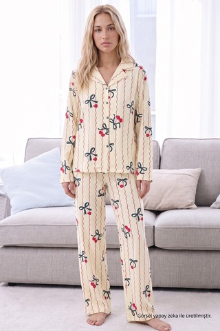 Siyah İnci Sarı Fiyonk Desenli Termal Kumaşlı Ultra Soft Yumuşak Düğmeli Örme Pijama Takımı 26226125