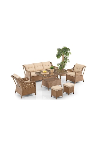 Deniz Rattan Puflu Bahçe Balkon Takımı 3+1+1 Kahve