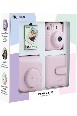 Fujifilm Instax Mini 12 Fotoğraf Makinesi + 10'lu Film Kare Albüm + Deri Kılıf Pembe