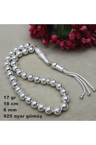 925 Ayar Gümüş Tesbih Yuvarlak Kesim Nokta Desen Küçük Boy