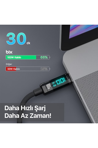 Bix BX09CC 100 W Type-C Led Ekranlı Şarj ve Data Kablosu 1 M Siyah