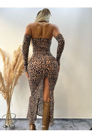 Pink Life Nude Tül Üzeri Flog Baskılı Leopar Desenli Kolluklu Midi Elbise Nude
