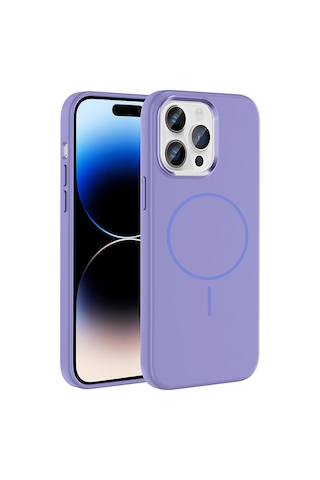 Zore Apple iPhone Uyumlu 14 Pro Max Kılıf M-safe Şarj Özellikli Metal Kamera Çerçeveli Omsy Edi Silikon Kapak - Lila