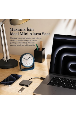 Valkyrie Sessiz Çalışan Mini Masa Saati / Akıcı Mekanizma, Gece Işıklı, Şık Dekoratif Lacivert