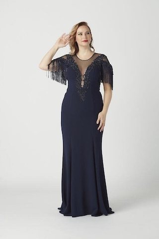 Moda Berray 8009 İşlemeli Püsküllü Büyük Beden Uzun Abiye Lacivert